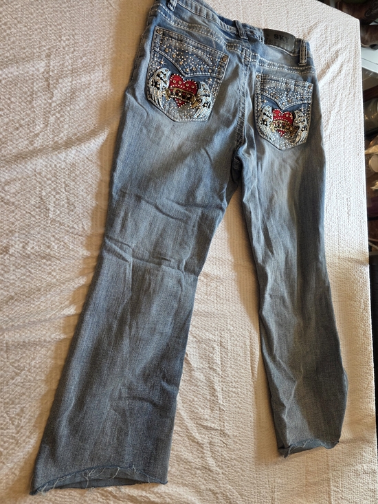 Sky Denim - Sky Light Blue Boot Cut Jeans with Red Heart Embellished Back Pockets Size 11/12